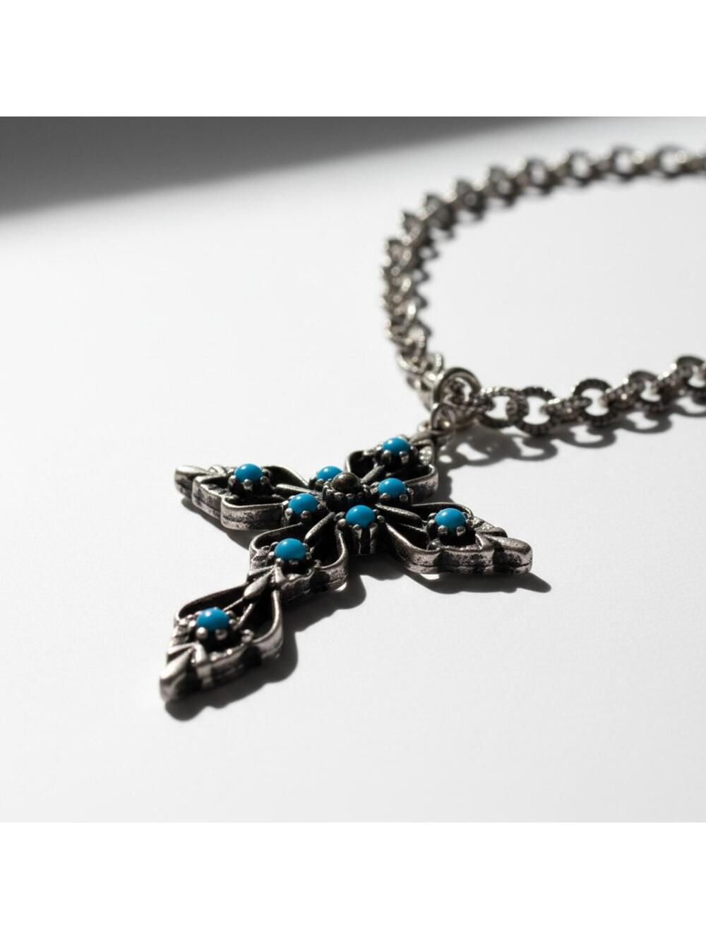 Vintage 22" Silver-Tone Tibetan-Style Turquoise Cross Necklace - Picture 2 of 6